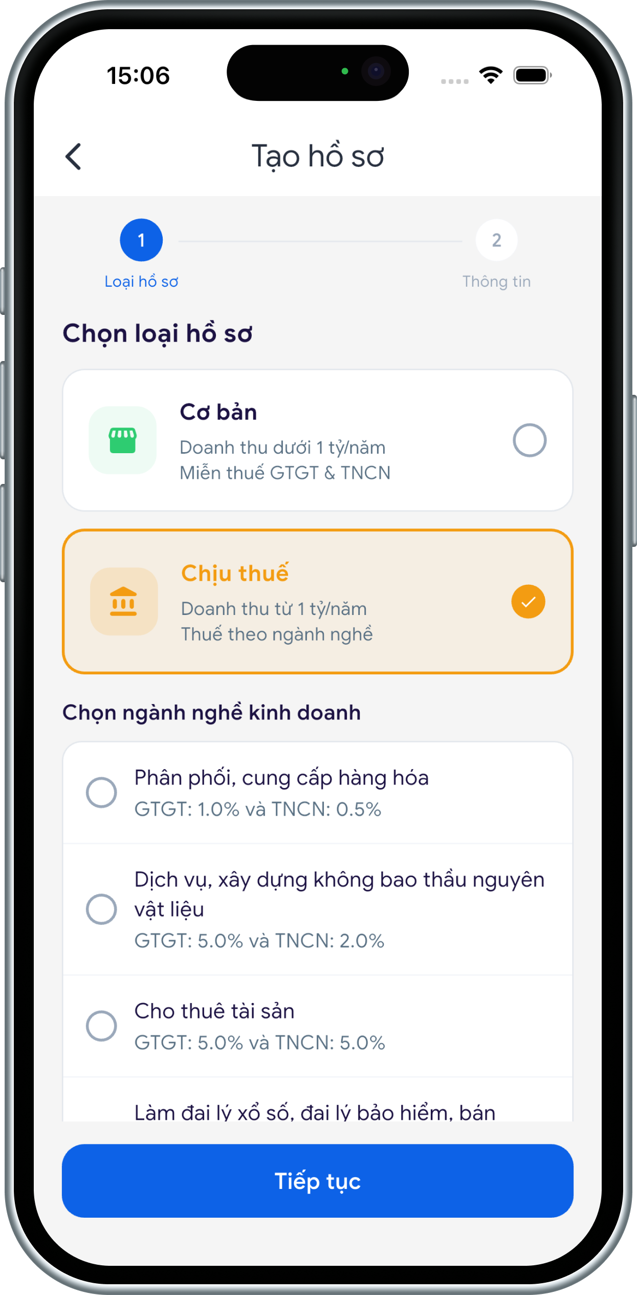 Màn hình tạo hồ sơ kinh doanh cơ bản hoặc chịu thuế
