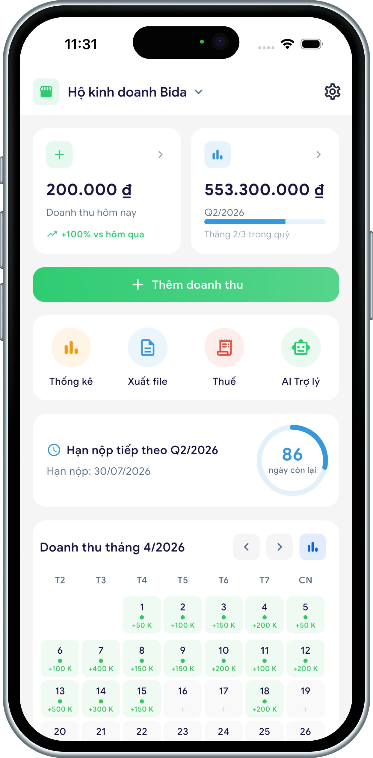Màn hình chính Sổ Sách HKD hiển thị doanh thu, hạn nộp và lịch doanh thu