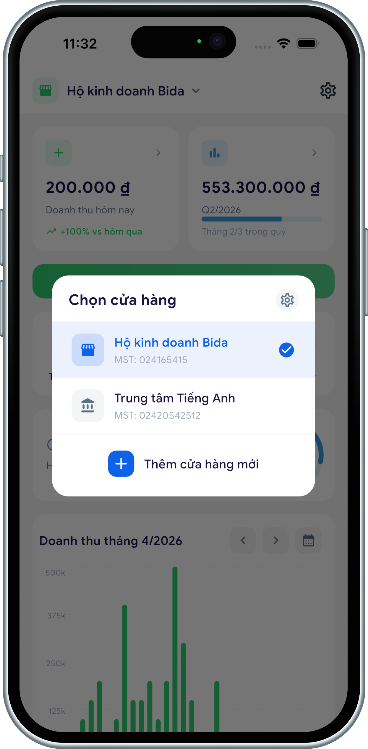 Màn hình chọn cửa hàng trong ứng dụng Sổ Sách HKD